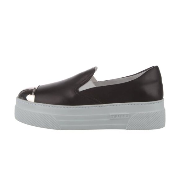 NWT Miu Miu Platform Slip-on Sneakers Black Leather Silver Toe Cap - Picture 1 of 13